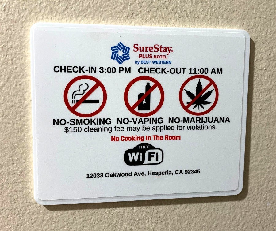 Hotel Room Sign - (5" x 4") Independent & Brand - No Smoking - No Vaping - No Marijuana - Min Qty 10