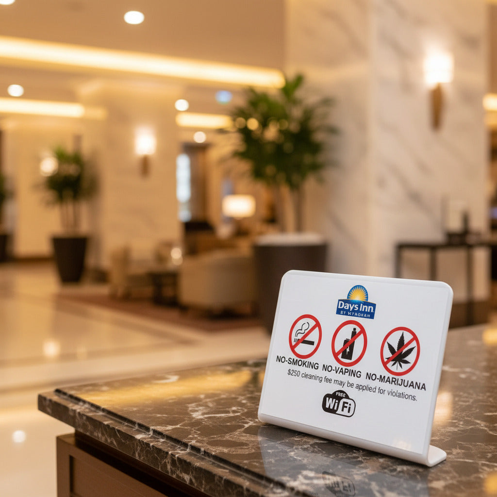 A white laminated counter sign for Days Inn by Wyndham, featuring red and black prohibition symbols for smoking, vaping, and marijuana, along with a Wi-Fi logo. The sign is displayed on a dark reflective surface against a beige wall.