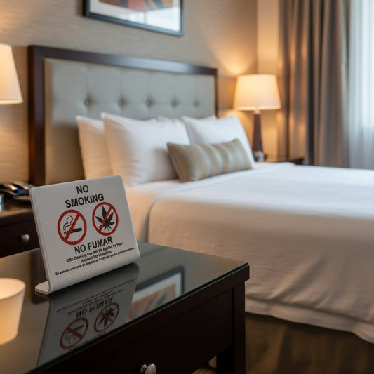 A white plastic anti-smoking sign with Spanish and English text and two red prohibition symbols, displayed on a black reflective surface against a beige wall.