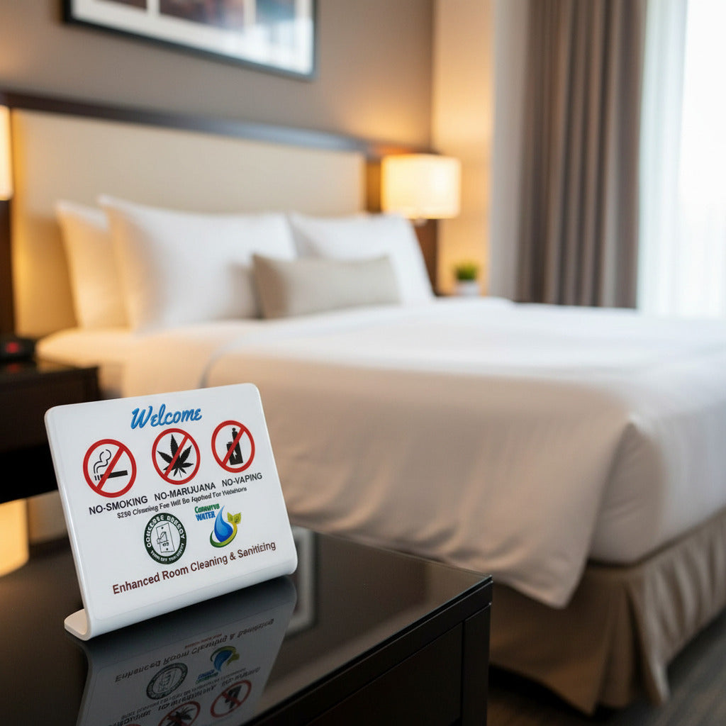 A white plastic sign on a small stand with printed warning and welcome text, including 'Welcome,' 'No Smoking,' 'No Marijuana,' 'No Vaping,' and 'Enhanced Room Cleaning & Sanitizing.'.