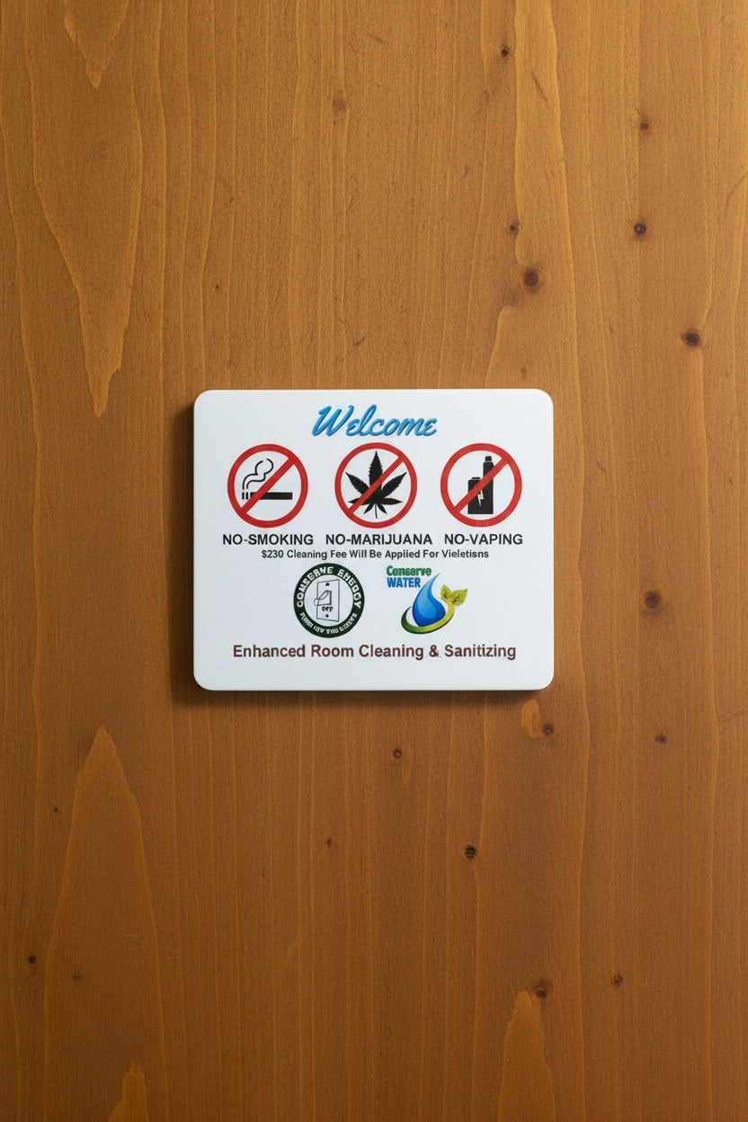 A white plastic sign on a small stand with printed warning and welcome text, including 'Welcome,' 'No Smoking,' 'No Marijuana,' 'No Vaping,' and 'Enhanced Room Cleaning & Sanitizing.'.
