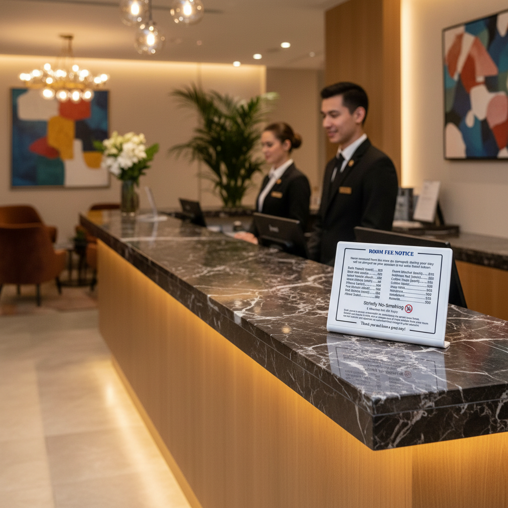 Room Fee Notice Sign - Front Counter Hotel/Motel Sign (7" x 5") - Reduce Theft