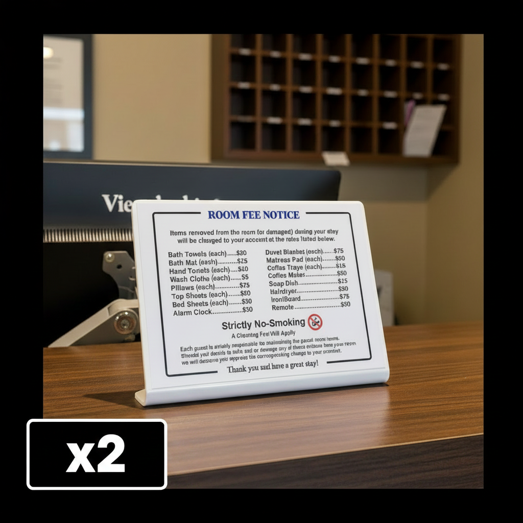 A white plastic stand-up sign displaying a 'ROOM FEE NOTICE' with a list of damaged items and fees, placed on a wooden counter in a hotel room setting. A black computer monitor is visible in the background, and a black square overlay in the bottom-left corner reads 'x2'.