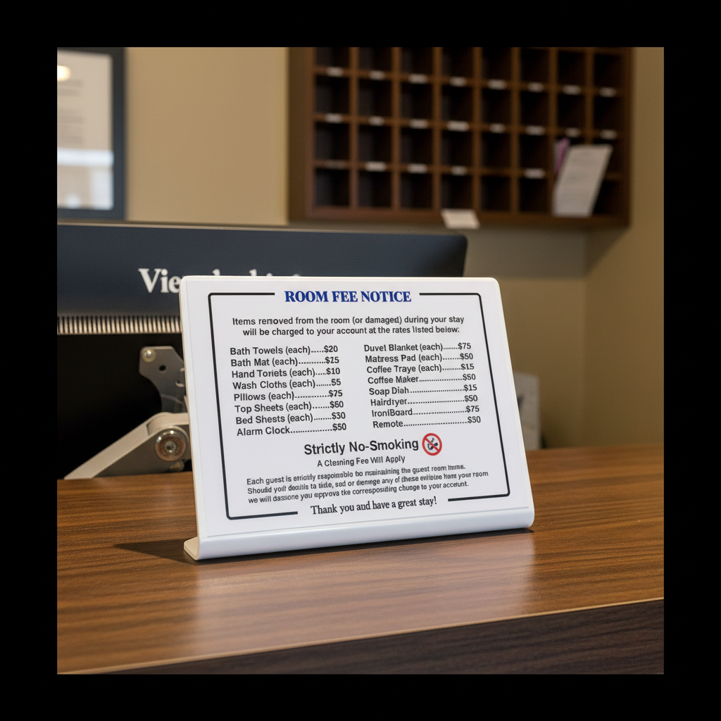 A white plastic 'Room Fee Notice' sign with black text, displayed on a wooden desk in a hotel room setting.