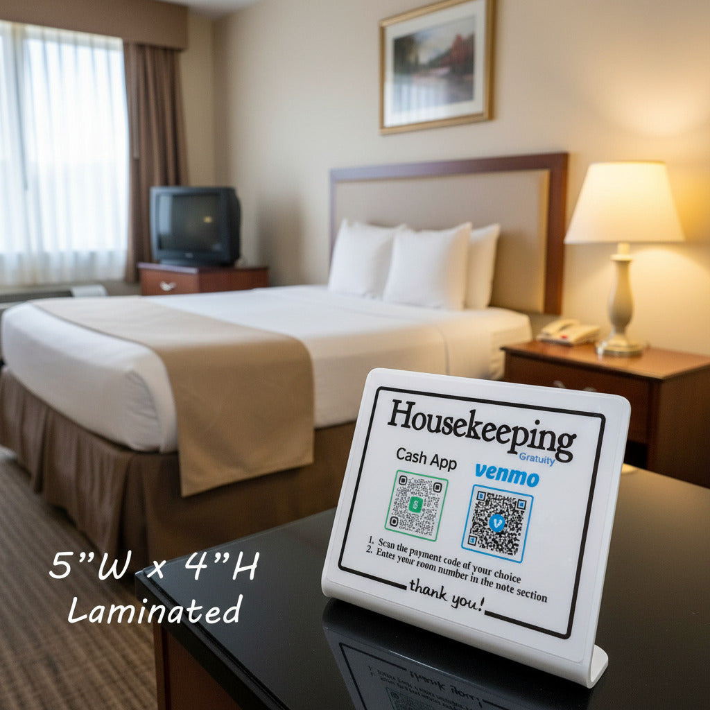 A white plastic housekeeping cash app sign with black text and QR codes, displayed on a black reflective surface against a beige wall. White text overlay at the bottom left reads '5"W x 4"H Laminated'.