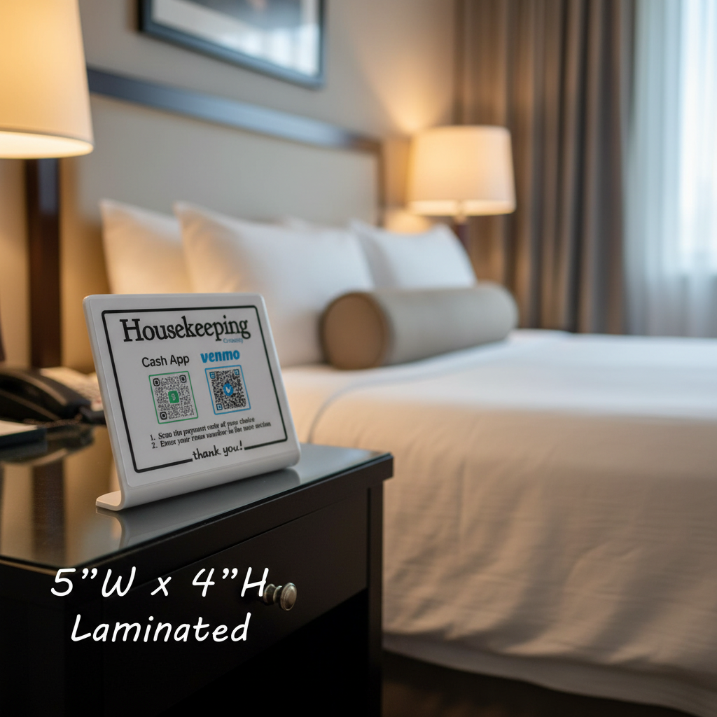 A small rectangular housekeeping cash app sign with two QR codes and a thank you message, displayed on a dark bedside table in a softly blurred hotel bedroom setting.