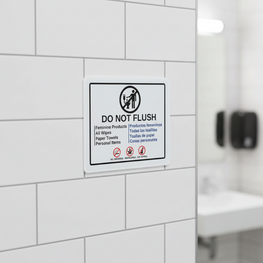 Guest Bathroom Bilingual Toilet Rules - Acrylic Sign - Wall Mount or Tabletop