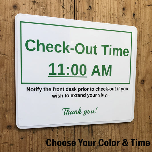 Check-Out Time Wall Sign - Choose Your Color And Check-Out Time 5" x 4" Min Qty 10