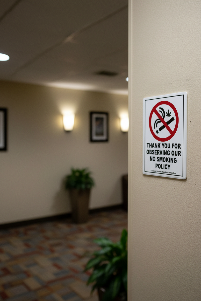 Hotel/Motel Front Counter & Hallway (Set of 2) No Smoking - No Marijuana Sign - Laminated Acrylic 7"x 5"
